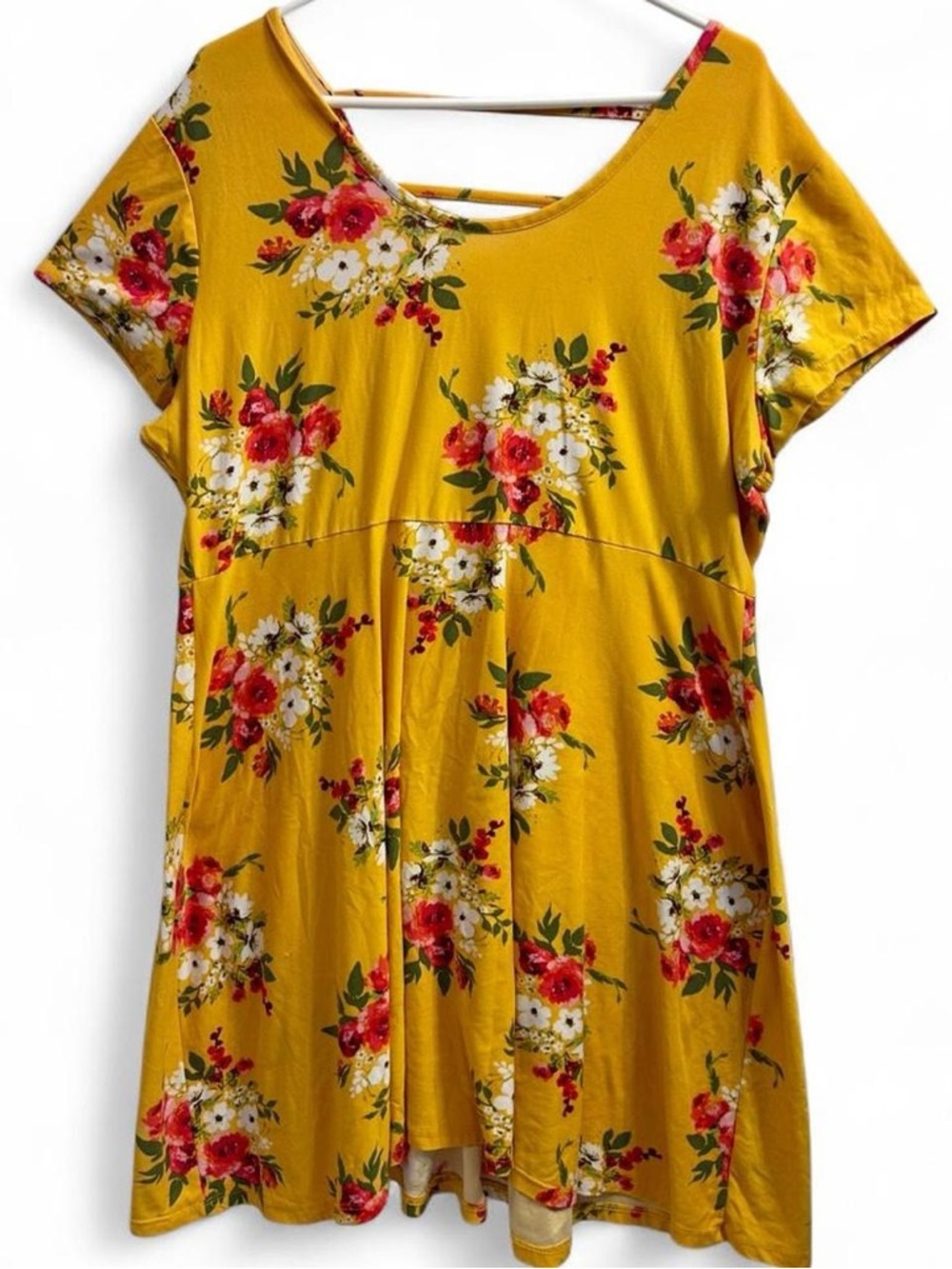 Yellow short sleeve floral dress with V-cut back
